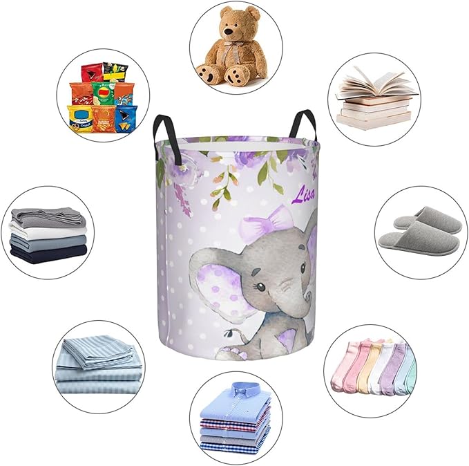 Purple Flower Pretty Elephant Personalized Laundry Hamper Custom with Name Collapsible Waterproof Storage Basket with Handles for Bedroom Clothes Toys.