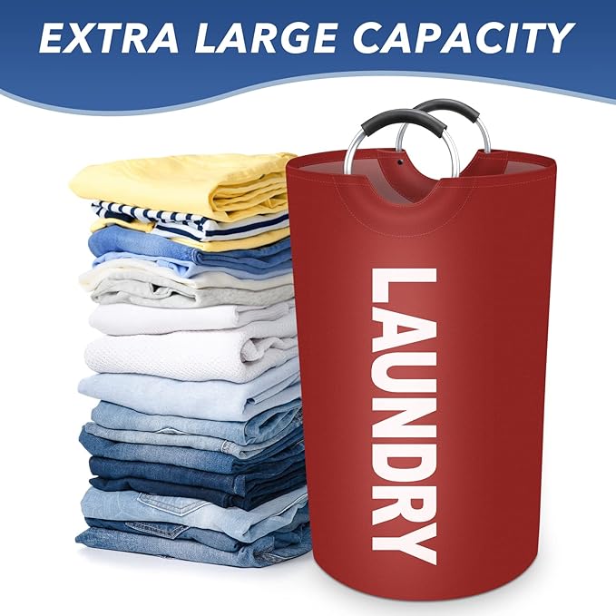 75L Large Laundry Basket, Freestanding Waterproof Laundry Hamper, Collapsible Folding Tall Clothes Hamper, Easy Carry with Foam Protected Aluminum Handles for Dorm, Family, Travel (Red)