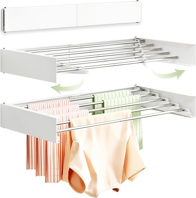 Clothes Drying Rack Wall Mounted 32“,Drying Rack Clothing Wall Mount,Laundry Drying Rack,Wall Mounted Clothes Hanging Rack (White)