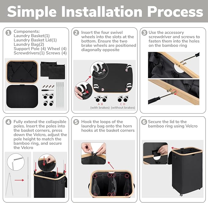 Goodpick Laundry Basket with Wheels, 150L Double Laundry Hamper 2 Section Extra Large Clothes Hamper with Removable Wash Bag Collapsible Dirty Clothes Basket for Bedroom, Bathroom, Black