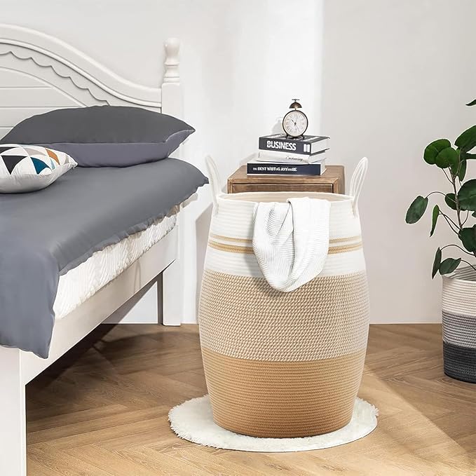 Fiona's magic 65L Extra Large Laundry Hamper Basket, Woven Tall Clothes Hamper for Storage Blanket, Toys and Dirty Cothes in Bedroom and Living Room Organizer, Yellow & White