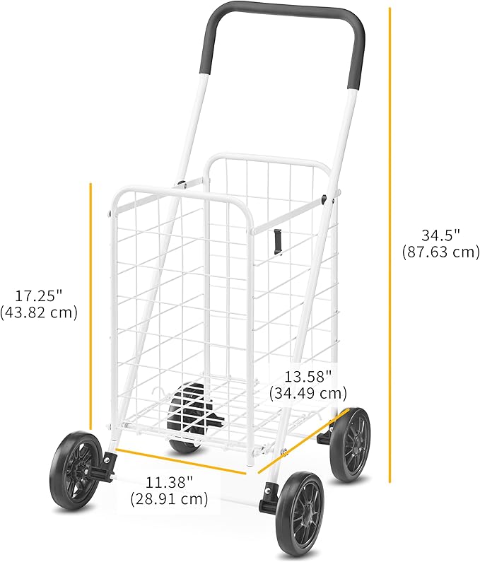 Whitmor Folding Utility Shopping Cart with Wheels, Heavy Duty Metal Grocery Cart, Portable Foam Handle, Rolling Collapsible Trolley for Groceries, Laundry, Storage, White