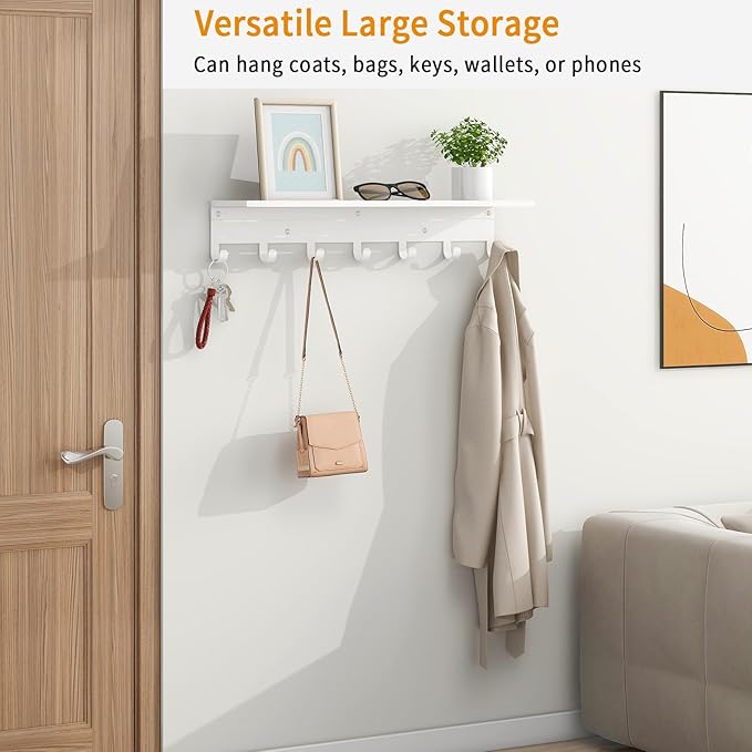 Shelf with 7 Hooks, 23 Inch Entryway Coat Rack Wall Mounted, Metal Coat Hanger with Shelf Storage Clothes, Bags, Purse for Living Room, Balcony, Closet, White