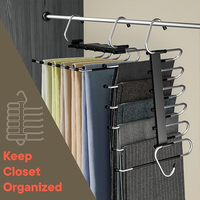 Black Space Saving Pants Hangers 2 Pack, 6 Layer Jeans Hangers and Closet Organizer for Jeans, Scarves, Skirts, Multi-Layer Hanger with Anti-Slip Coating & Stopper, Heavy-Duty S-Type Stainless Steel