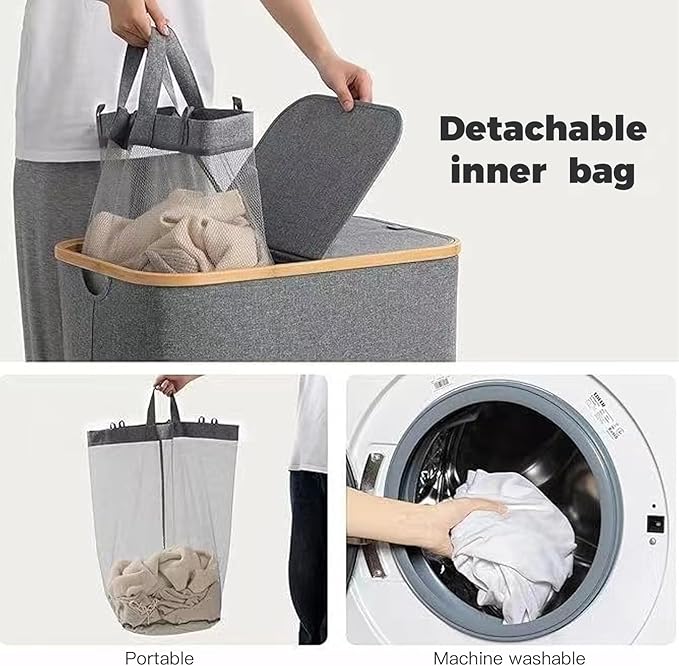150L Laundry Basket with Lid, Large 2 Compartments Laundry Hamper with Handles & laundry bag Removable in Laundry Room, College Dorm, Bathroom, Bedroom (white)