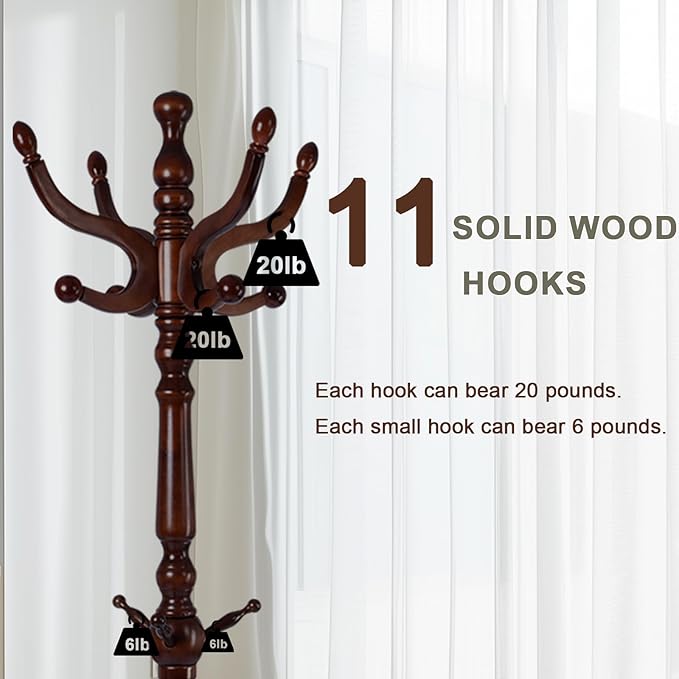 Wooden coat rack stand, Heavy duty coat racks tree freestanding with 11 Hooks and Sturdy Round Base, Coat tree for jacket,Hats, Bags, Purses, clothes (Round base-Dark brown)