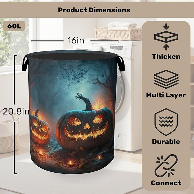 Pumpkin Halloween Laundry Basket - Heavy Duty 60L Dirty Clothes Organizer, Water Resistant Foldable Hamper for Men Women