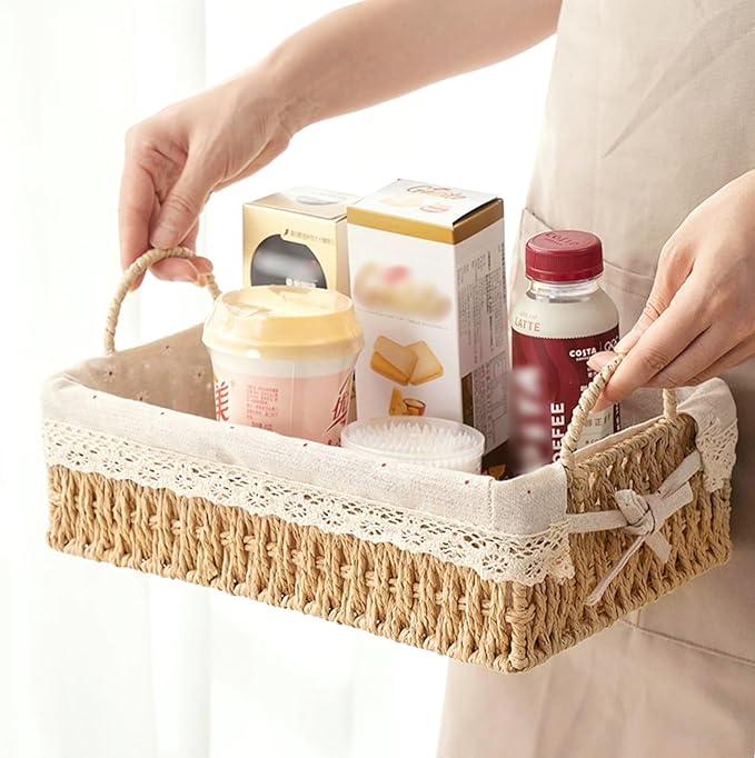 GIB Small Wicker Storage Baskets for Organizing, Decorative Woven Baskets with Handles & Liners, Boho Paper Rope Rectangular Serving Baskets Trays for Shelves, Table, Gifts, Set of 2