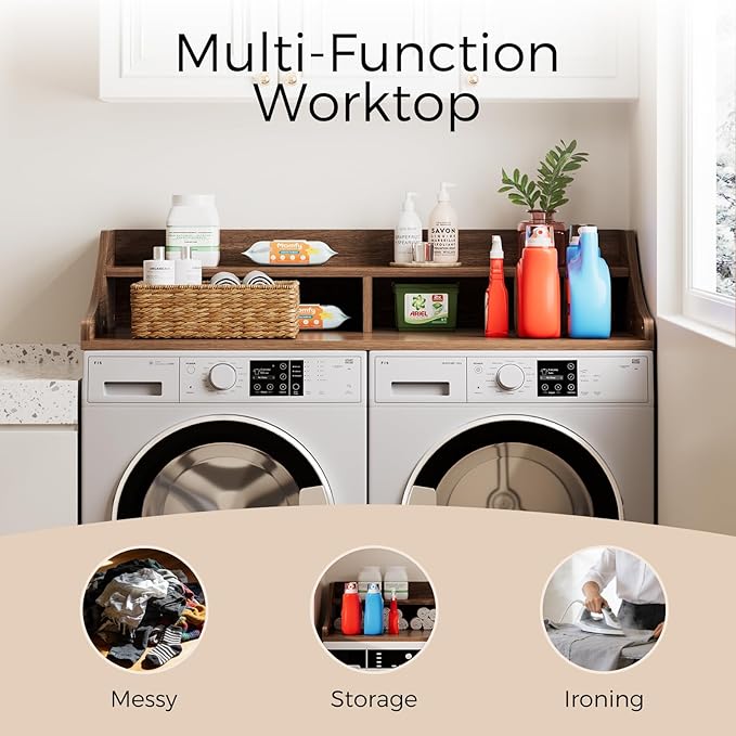 2-Tier Washer Dryer Topper, 54" x 27.6" Washer Dryer Countertop with Non-Slip Mat, Laundry Room Organizer with Storage Shelf for Folding & Sorting Clothes, Walnut