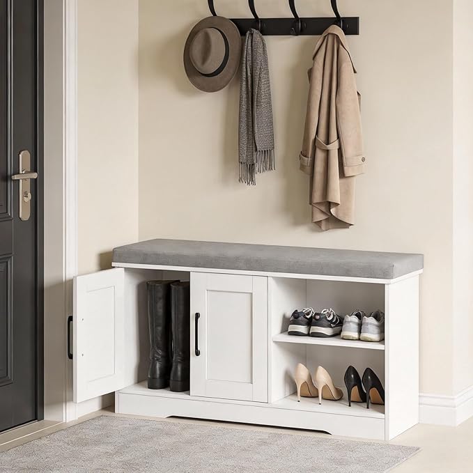 Storage Bench, 39.4" Wide Shoe Bench with Padded Seat Cushion, Entryway Bench with 2 Doors and Adjustable Shelf, End of Bed Bench, for Hallway, Bedroom, White and Gray BSWT1201