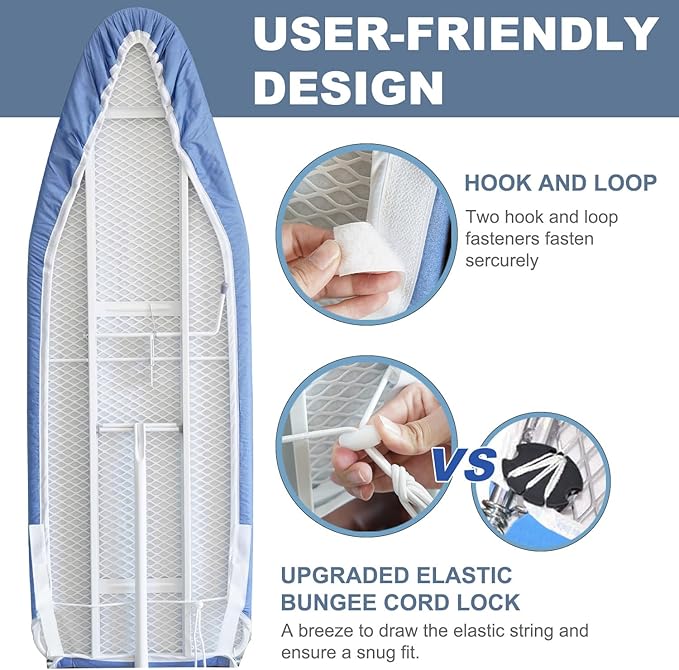 14x42 Inch Over-The-Door Ironing Board Cover with User-Friendly Design, Heavy-Duty Padding, Adjustable Elastic Drawstring and Fasteners - Replacement Iron Board Cover