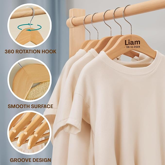 Personalized Baby Hangers with Name, Engraved Kids Hanger with Pants Bar for Children & Toddler Shirt Coat Holder with 360° Rotatable Hook, Closet Wardrobe for Children, Non Slip Hangers Gift- 2 Pack