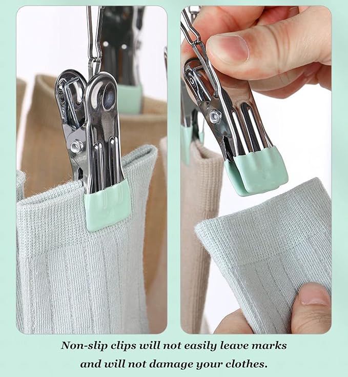 Stainless Steel Clothes Sock Drying Rack with 24 Clips, Swivel Hook Windproof Clothes Hanger Rack for Sock, Bras, Towel, Underwear, Hat, Scarf, Gloves, Pants Laundry Clothes (Green Clips)