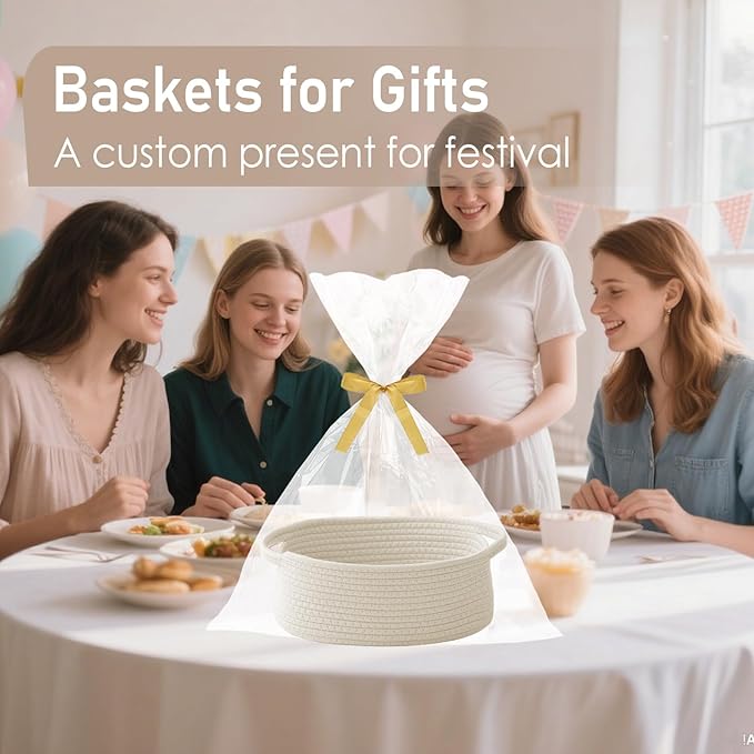 Woven Basket,Small Rope Storage Bin with Handles & Ribbon Bag, Organizer for Shelves Closets,Gift Basket Empty for Birthday,Books,Dog Toys,White