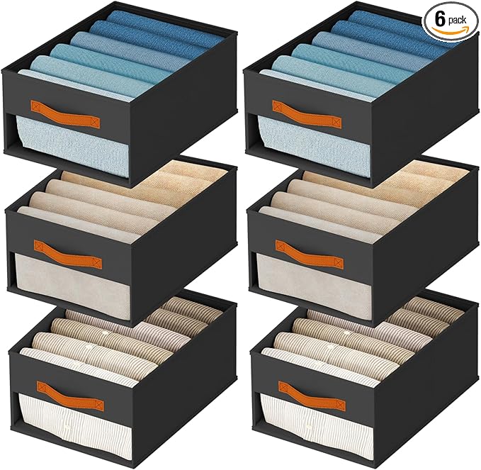 Drawer Organizers and Storage - 6 Pack Foldable Pants Organizer with Clear Window & Handles, Fabric Closet Organizer for Clothes, Jeans, Sweaters, Towels, T-shirt, Scarf (Black)