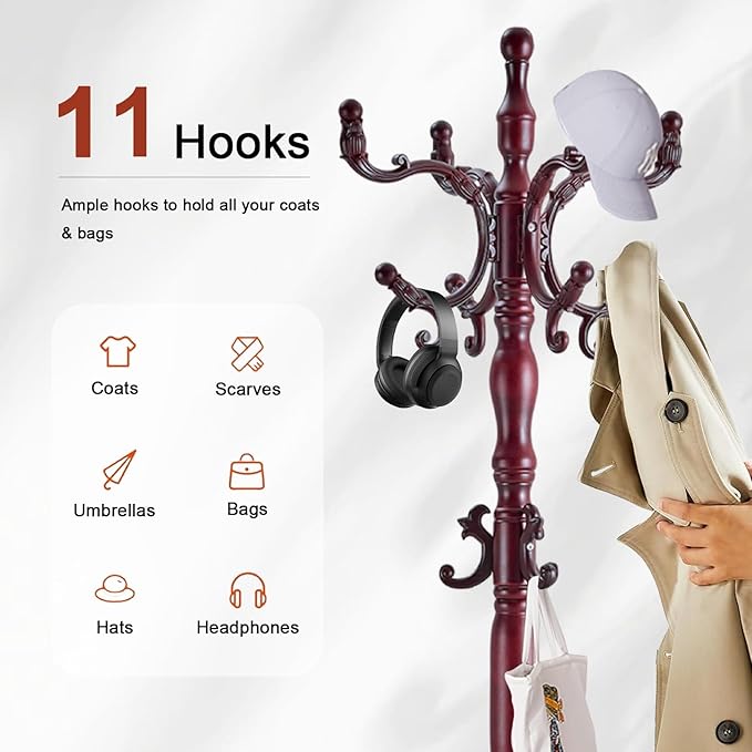 Wooden Coat rack freestanding, Coat racks stand with storage basket, Heavy duty coat tree standing with 11 Hook for Bedroom, Entryway, Hallway, Office,Stury Base (Triangle Redwood)