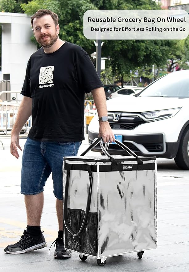 (Medium,Silver) Reusable Grocery Bag on Wheels, 70L Foldable Rolling Tote, Carries Up to 66 lbs Shopping Trolley, Zipper Clouser Shopping Carts for Trips, Laundry, 4 Heavy Duty Wheels and 3 Handles