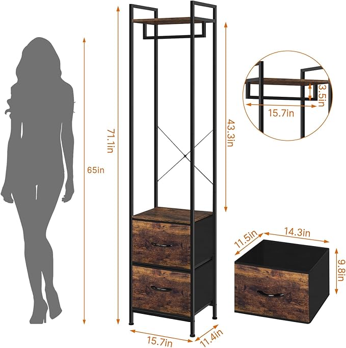 smusei Garment Rack 3 Tiers Clothes Rack Heavy Duty with Fabric Drawers and Storage Shelves Freestanding Closet Organizer Stand Small Coat Rack for Bedroom Entryway Living Room