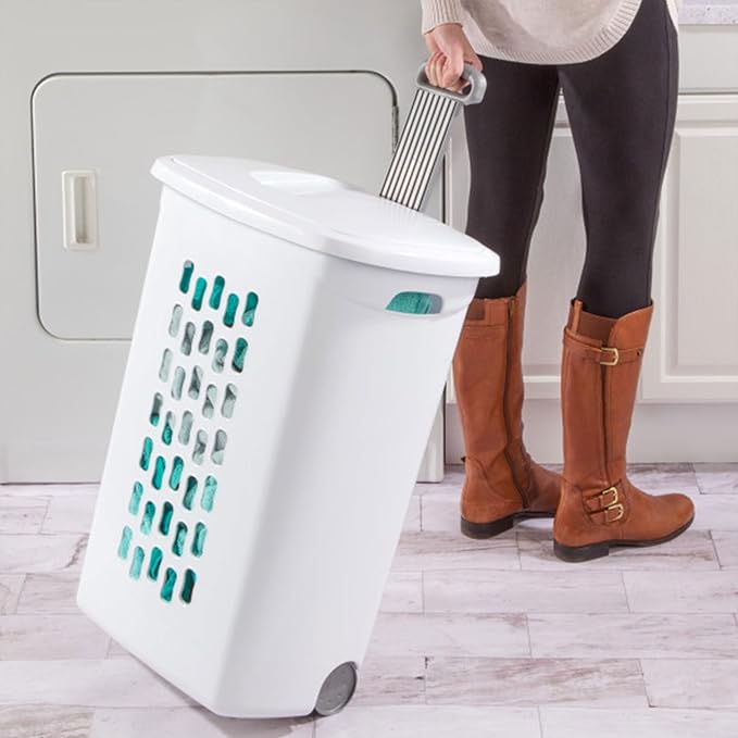 Sterilite 9-Pack Ultra Wheeled Hamper, Laundry Basket w/Flip-Top Lid & Retractable Handle - Plastic Rolling Clothes Storage Cart with Ventilated Holes for Home, Apartment or Dorm