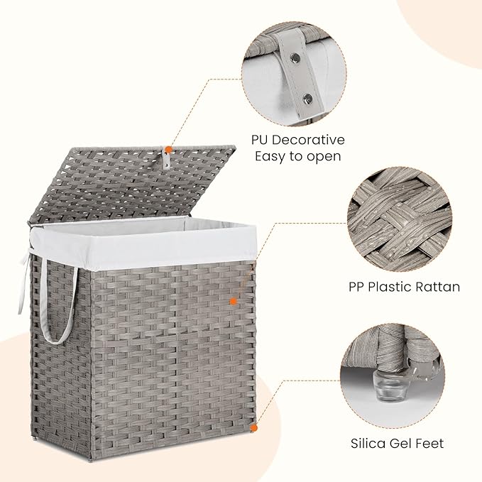 DUMOS Woven Laundry Basket with Lid, 110L Large Capacity Hamper, Removable & Machine-Washable Liner, Foldable Rattan Clothes Hamper, Sturdy Steel Frame, Odor Control, Dove Gray