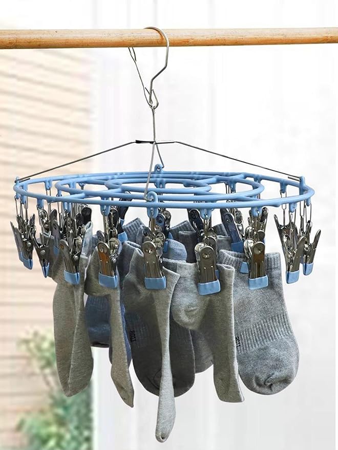Stainless Steel Clothes Sock Drying Rack with 24 Clips, Swivel Hook Windproof Clothes Hanger Rack for Sock, Bras, Towel, Underwear, Laundry Clothes, Hat, Scarf, Pants, Gloves (Blue Clips)