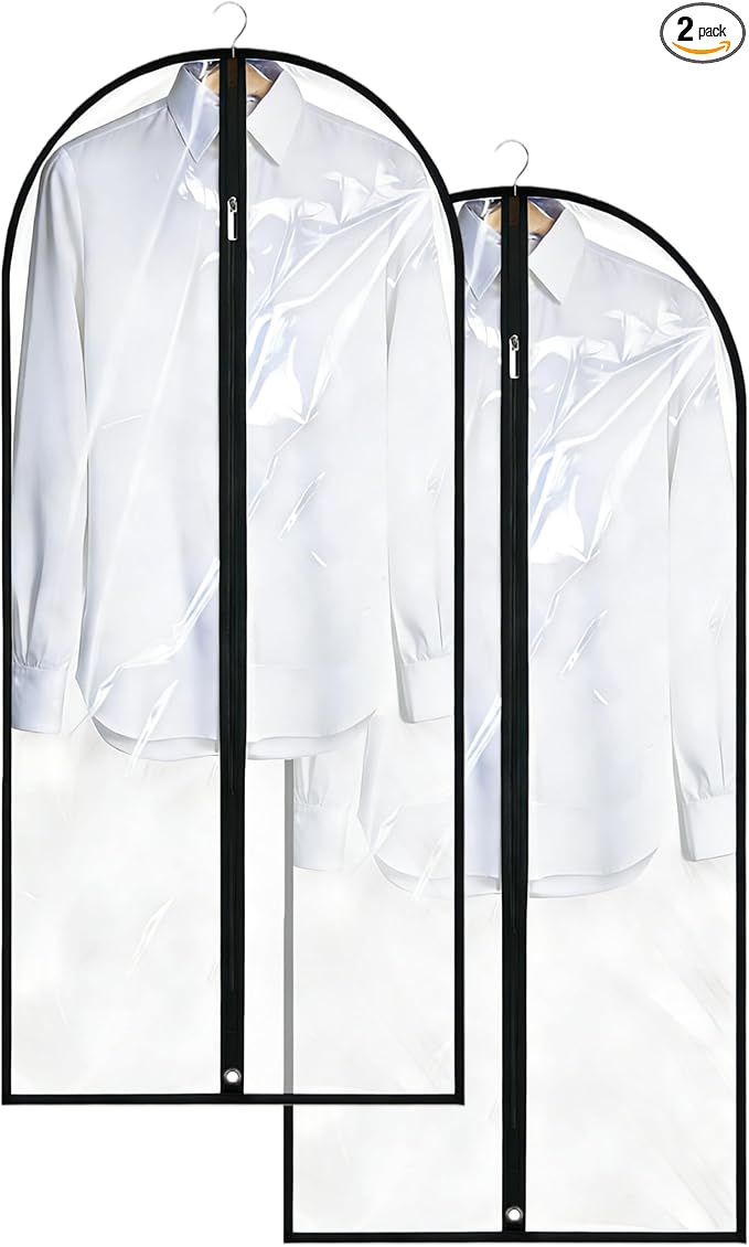 Dress Bags for Gowns Long, 60'' Garment Bags for Hanging Clothes, Suit Bag Cover for Storage and Travel, 2 Pack (Clear)
