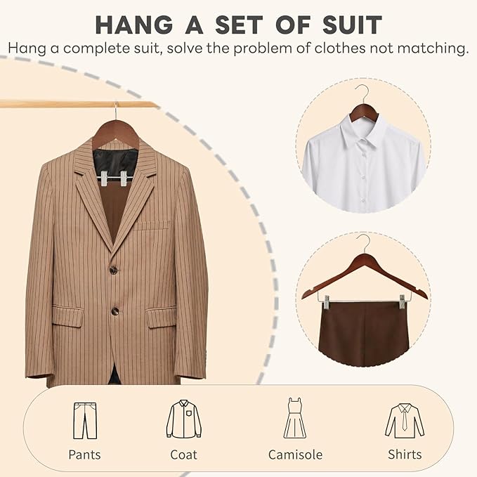 HOUSE DAY Wooden Hangers with Clips 24 Pack, Heavy Duty Walnut Wood Pants Hanger, Premium Skirt Hanger with Adjustable Clips, Solid Clip Hangers for Suit, Blouse, Dress, Coat, Jacket, Bottom