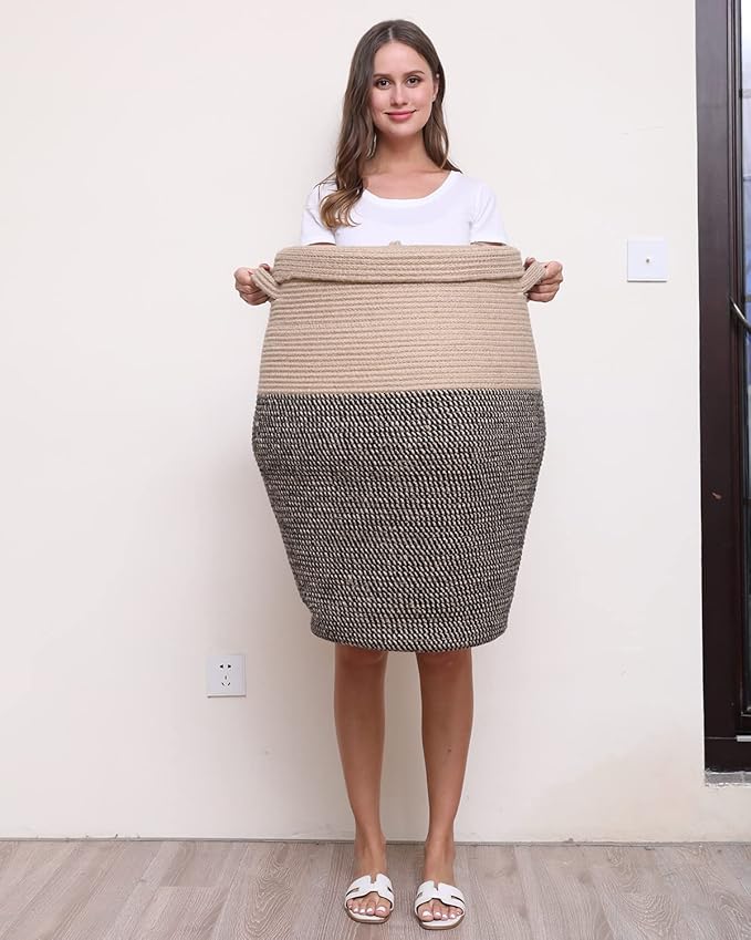 26"x20" Handcrafted Tall Cotton Rope Basket with Lid, Stylish Flagon Shape with Cover, Clothes Hamper with Top, for Bedroom and Living Room, Jute/Black Mix