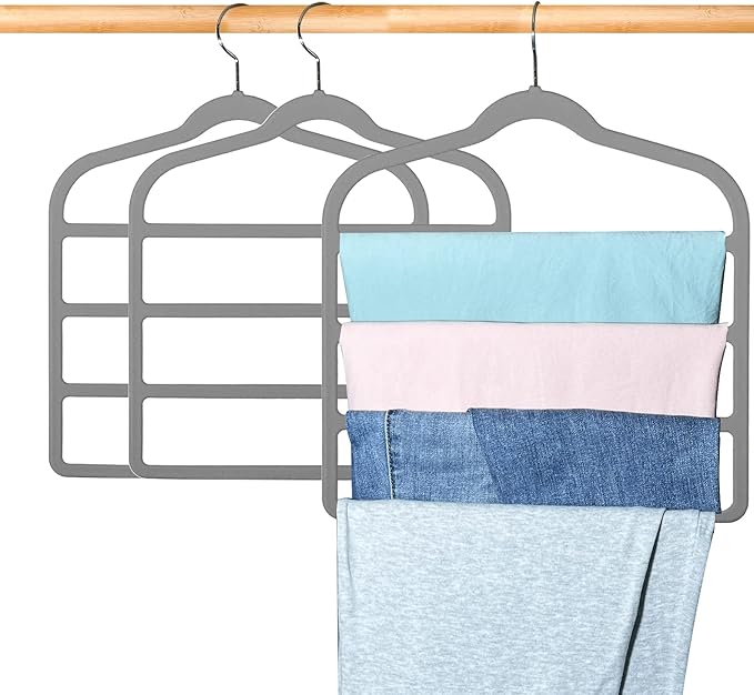 Velvet Pants Hangers Space Saving Hangers Closet Organizer for Jeans Slack Trousers Scarf Tie Pants Rack Leggings Hanger Non-Slip Hangers Multiple Clothes Holder (Grey, 3)
