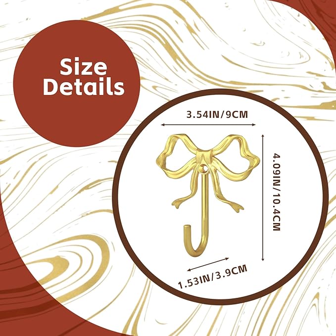 Decorative Bow Wall Hooks, Brass-Gold Metal Coat Hooks for Keys, Jewelry, Clothes, Home Decor - Screw Mounted, Iron Alloy, 2 in X 2.6 in X 0.8 in, 2 Pack (Four Large Sizes)