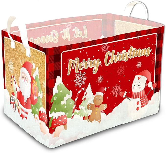 1 Pcs Merry Christmas Storage Basket, Red Plaid Decor Christmas Gift, Santa Claus Storage Boxes, Storage Boxes for Home Clothes, Toys and Books, Winter Xmas Party Decor Storage