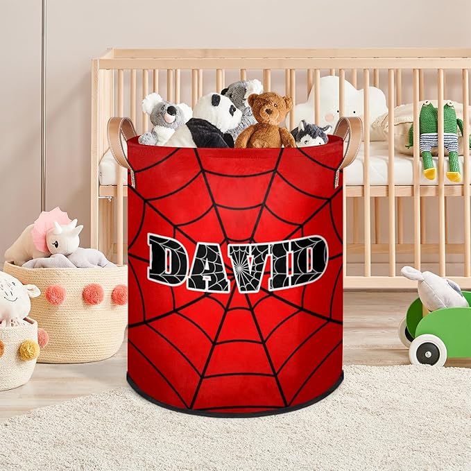 Spider Wed Personalized-Laundry-Hamper-Basket for Kids Custom Name Collapsible Storage Organizer Bin Dirty Clothes Toys Hamper for Boys Nursery in Laundry, Bedroom, Bathroom Gray