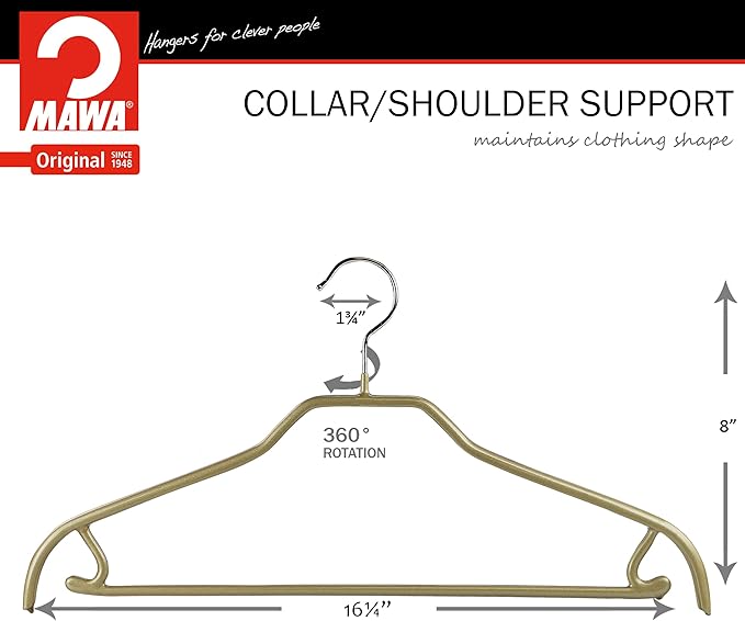 MAWA by Reston Lloyd Silhouette Series Non-Slip Space Saving Clothes Hanger with Bar & Hook for Pants and Skirts, Style 41/FRS, Set of 12, Gold