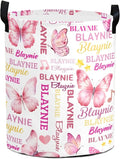 Large Custom Name Laundry Hamper, Butterfly Personalized Dirty Clothes Hamper Storage Basket with Name for Bathroom Bedrooms, Customized Name Circular Hamper with Handles for Baby Boys Girls Men Women