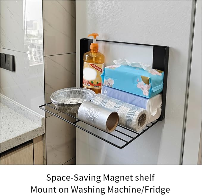 Magnetic Shelf for Washing Machine Magnetic Organizer Shelf for Laundry Magnetic Hanger Organizer Washing Machine Shelves Magnetic Fridge Shelves for Laundry Bathroom Kitchen RV Black