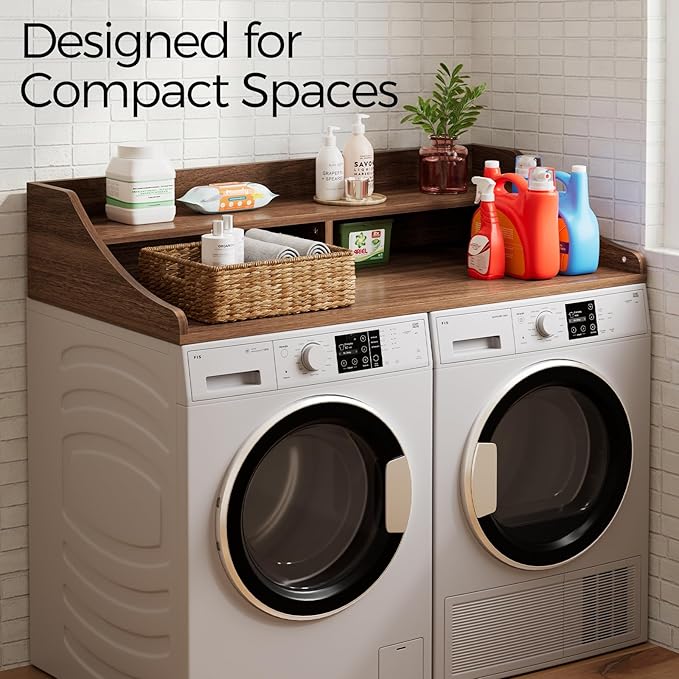2-Tier Washer Dryer Topper, 54" x 27.6" Washer Dryer Countertop with Non-Slip Mat, Laundry Room Organizer with Storage Shelf for Folding & Sorting Clothes, Walnut