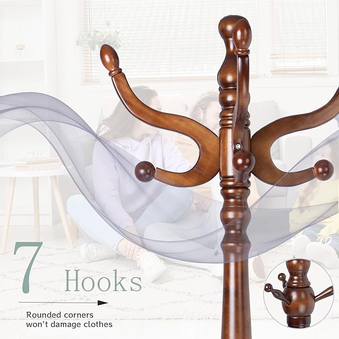 Coat Rack Freestanding,Solid Wooden Coat Rack Stand with 3 Height Options,14 Hooks, Natural Birch Coat Tree Easy to assemble for Clothes Jacket Hat bag Entryway (mahogany) (retro round)