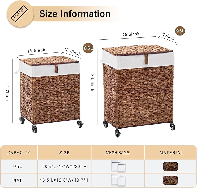 Handwoven Laundry Hamper with Wheels, Natural Water Hyacinth Rolling Laundry Basket with Lid and Removable Liner, Durable and Stylish for Bedroom, Bathroom, Laundry Room (Espresso, 65L)