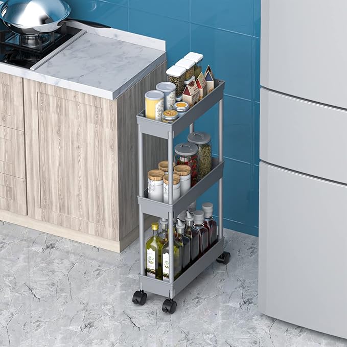 Sooyee Slim Storage Cart,3 Tier Bathroom Rolling Utility Cart Storage Organizer Slide Out Cart, Mobile Shelving Unit Organizer Trolley for Office Bathroom Kitchen Laundry Room Narrow Places, Grey