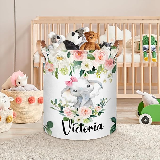 Personalized Laundry Basket, Custom Gift Laundry Hamper, Collapsible Nursery Waterproof Laundry Baskets, Dirty Clothes Toy Hamper with Handles Pink Floral Elephant Girl