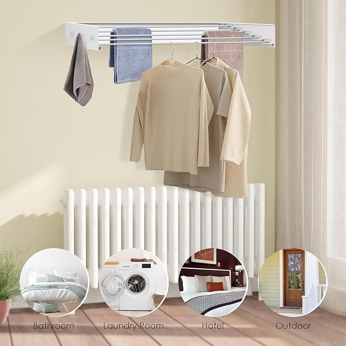 Wall Mounted Foldable, Space Saving Clothes Drying Rack with Knob, 60 lbs Capacity, for Laundry (31.5" White)