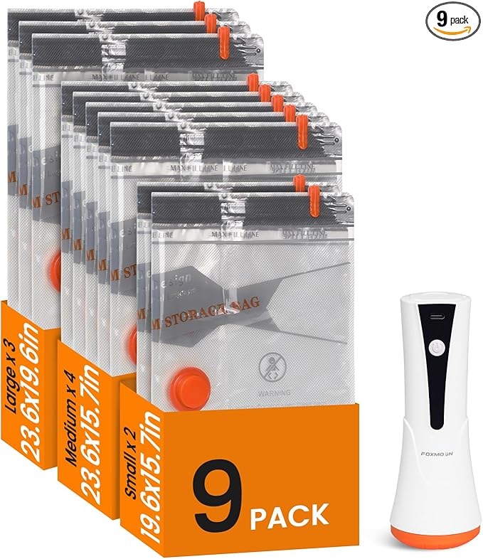 Vacuum Seal Bags for Clothing Travel with Rechargeable Cordless Pump, 9 Pack Compression Space Saver Bags for Packing, Luggage and Seasonal Storage