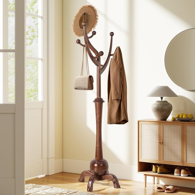 Wooden Coat Rack Freestanding with 8 Hooks, Heavy Duty Coat Hanger Stand with Stable Base, Vintage Coat Tree Standing Coat Racks for Entryway, Hallway, Bedroom (Walnut)