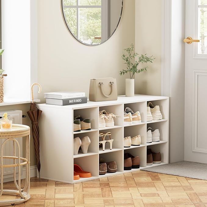 12-Cubby Shoe Rack, 3-Tier Wood Shoe Organizer, Multifunctional Shoe Organizer Bench for Entryway, Mudroom, Hallway, Closet,36.22 * 11.81 * 17.72 Inch,White