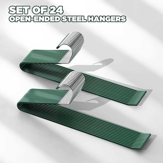 IPOW 4MM Heavy Duty Metal Pants Hangers, 24 Pack Jean Hangers for Closet, Open Ended Clothes Hanger for Pant Slack Trouser Scarf, Space Saving, Non Slip, Dark Green