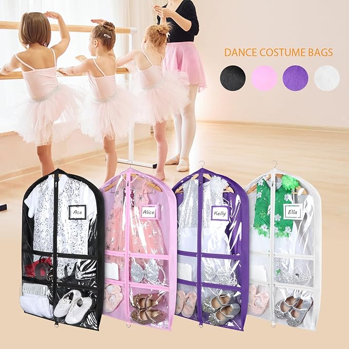 Syeeiex 3" Gusseted Clear Dance Costume Garment Bag(5 Pack), 40'' Dance Garment Bags for Dancers with 4 Zipper Pockets & Can Hold 1-3 Dance Costumes - Suitable for Dance Competitions, Ballet(Pink)
