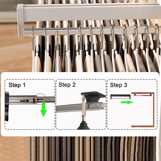 Pull Out Closet Valet Rod, Adjustable Sliding Heavy Duty Steel Top Mounted Clothes Storage Hanger Rail for Closet Wardrobe (497mm/19.6inch)