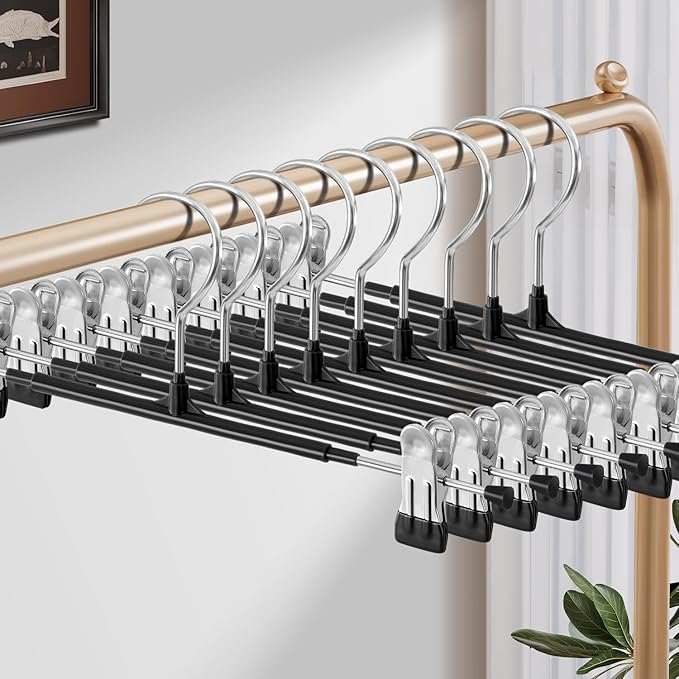 HUADYMEET 16 Inch Extended-Length Pants Skirt Hangers Non-Slip,20 Pack Adjustable Jeans Trousers Shorts Metal Clothes Hangers with Clips for Men Women, Strong Durable Heavy Duty Space Saving(Black)