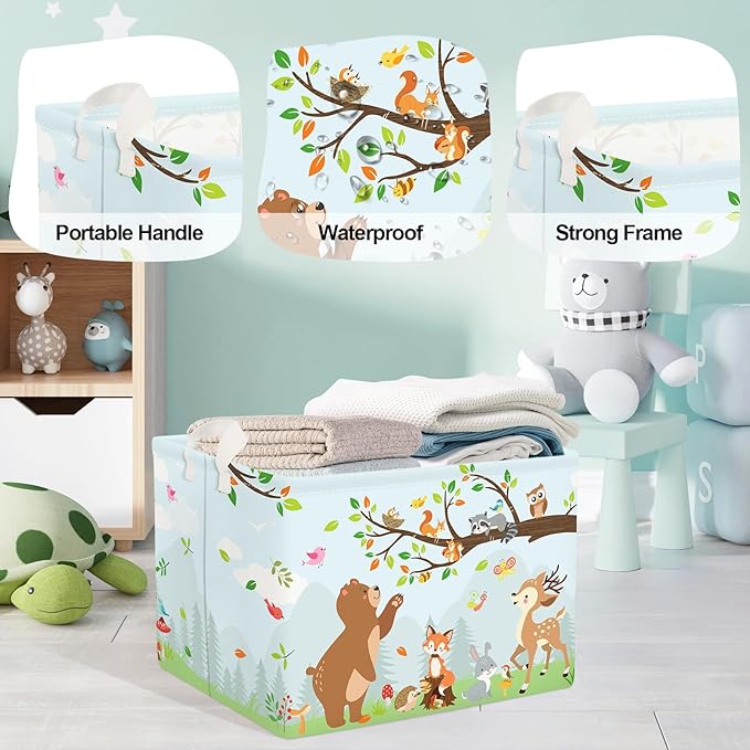 Forest Animals Laundry Hamper Woodland Tree Large Storage Basket Parents Organizer Kids Clothes Toy Bins for Bedroom, Bathroom, Hedgehog, 36L