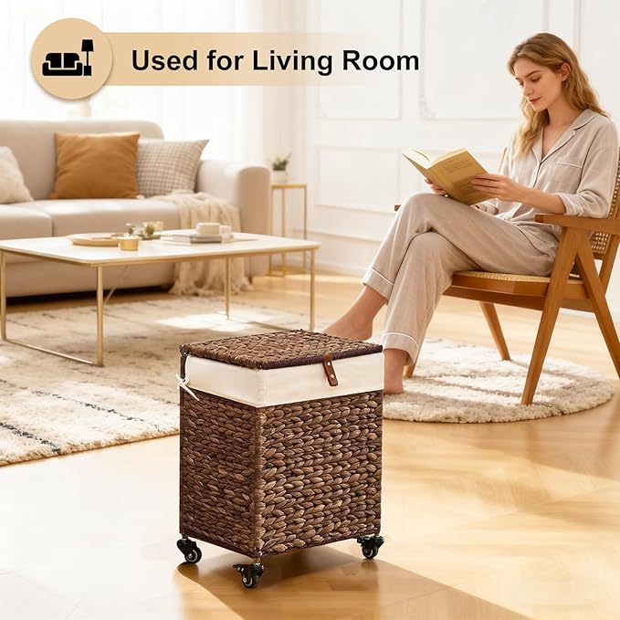 Handwoven Laundry Hamper with Wheels, Natural Water Hyacinth Rolling Laundry Basket with Lid and Removable Liner, Durable and Stylish for Bedroom, Bathroom, Laundry Room (Espresso, 65L)